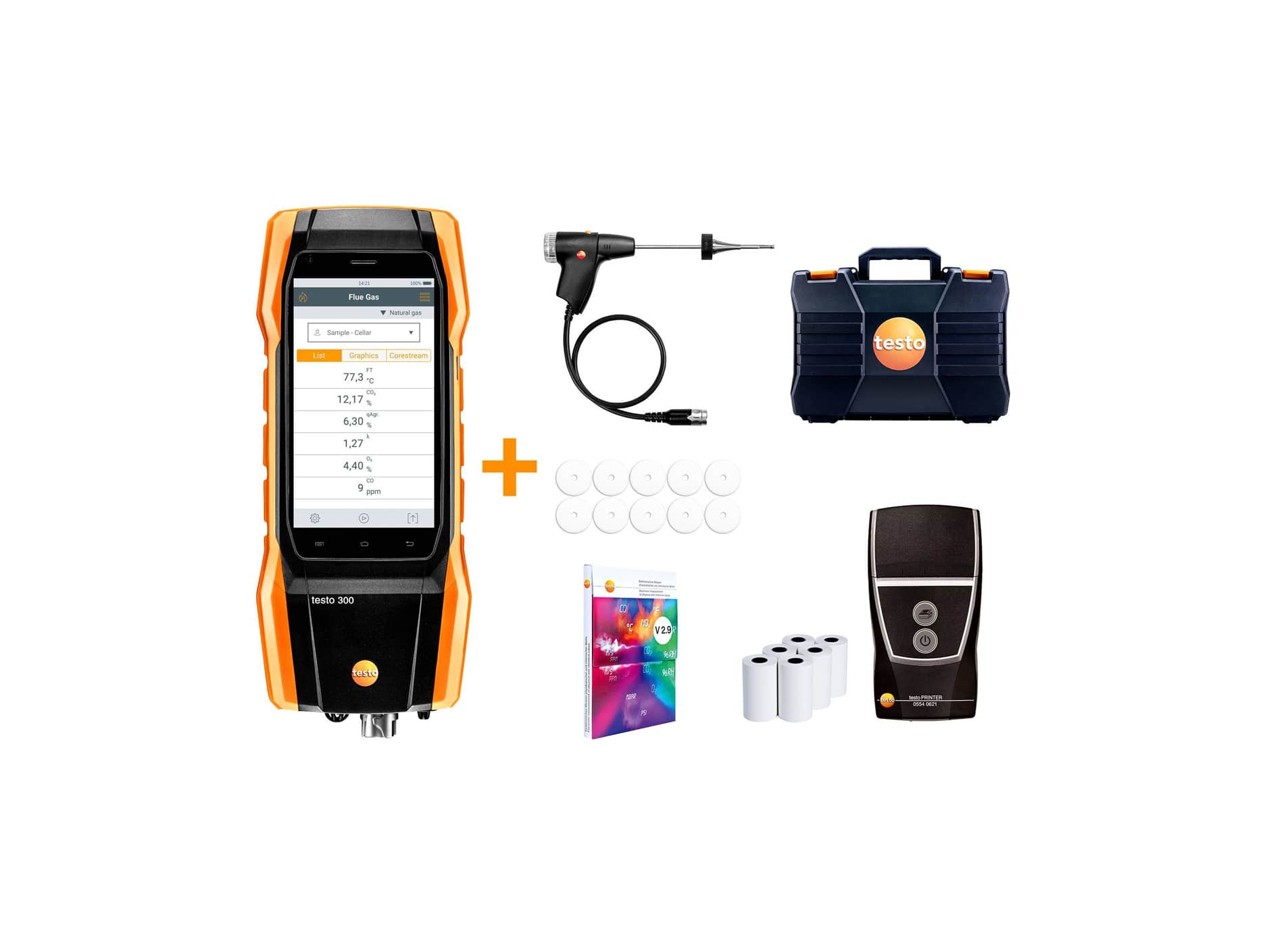 testo 300 Longlife kit 2 with printer - Flue gas analyzer (O2, CO H2-compensated up to 30,000 ppm, NO - can be retrofitted)